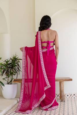 Charming rani pink silk sequins embroidered party wear saree 5