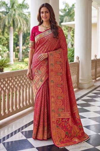 Magenta pink banarasi style paithani pure nylon satin  saree with heavy gold zari border