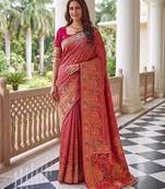 Magenta pink banarasi style paithani pure nylon satin  saree with heavy gold zari border