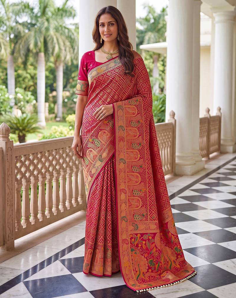 Magenta pink banarasi style paithani pure nylon satin  saree with heavy gold zari border