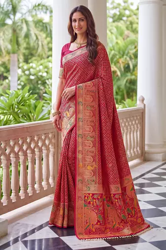 Magenta pink banarasi style paithani pure nylon satin  saree with heavy gold zari border