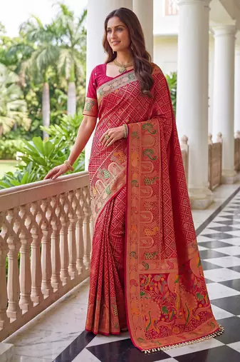Magenta pink banarasi style paithani pure nylon satin  saree with heavy gold zari border