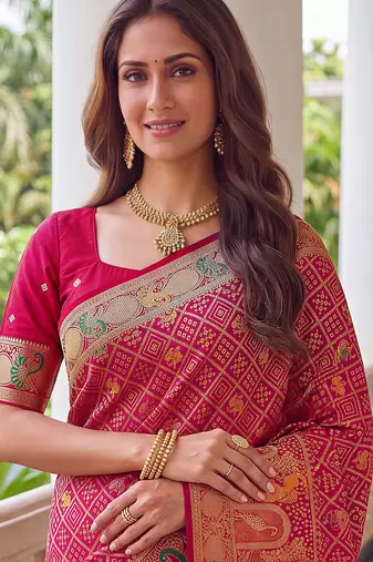 Magenta pink banarasi style paithani pure nylon satin  saree with heavy gold zari border
