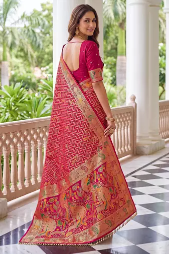 Magenta pink banarasi style paithani pure nylon satin  saree with heavy gold zari border
