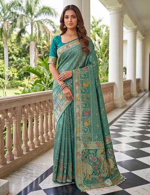 Sea green banarasi style paithani pure nylon satin  saree with heavy gold zari border 1