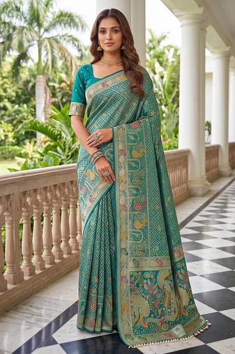 Sea green banarasi style paithani pure nylon satin  saree with heavy gold zari border