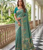 Sea green banarasi style paithani pure nylon satin  saree with heavy gold zari border