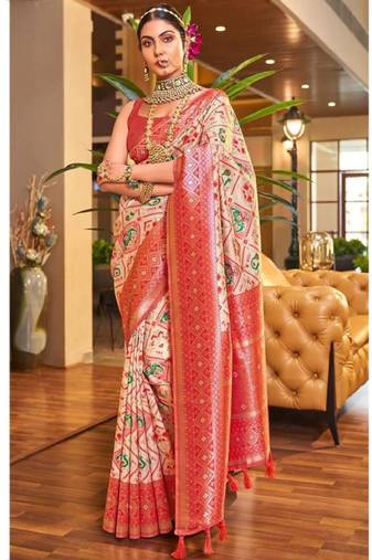 cream silk blend kanjeevaram saree with zari woven design
