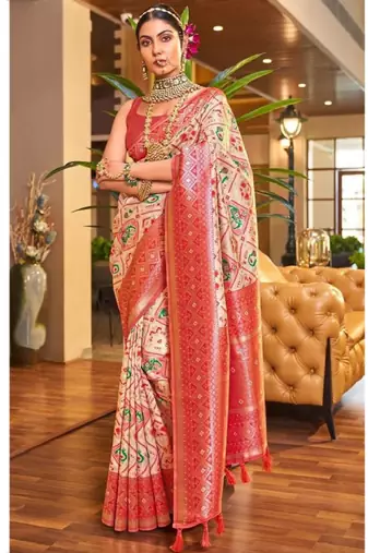 cream silk blend kanjeevaram saree with zari woven design