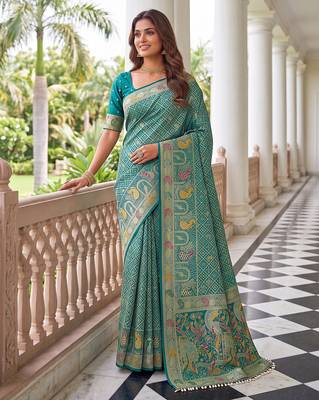 Sea green banarasi style paithani pure nylon satin  saree with heavy gold zari border 2