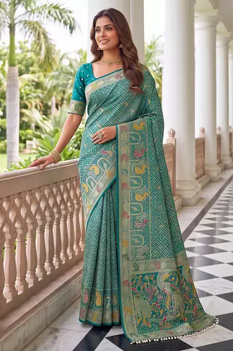 Sea green banarasi style paithani pure nylon satin  saree with heavy gold zari border