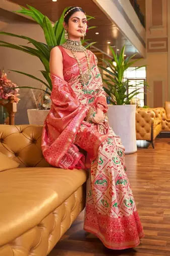 cream silk blend kanjeevaram saree with zari woven design