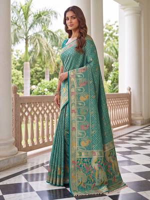 Sea green banarasi style paithani pure nylon satin  saree with heavy gold zari border 3