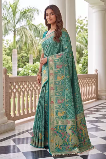 Sea green banarasi style paithani pure nylon satin  saree with heavy gold zari border