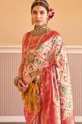 cream silk blend kanjeevaram saree with zari woven design
