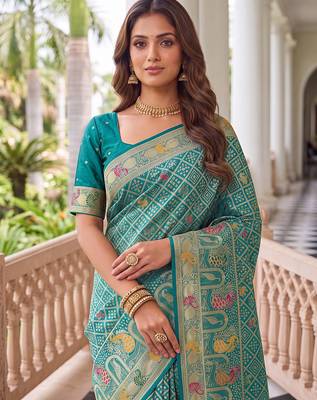 Sea green banarasi style paithani pure nylon satin  saree with heavy gold zari border 4