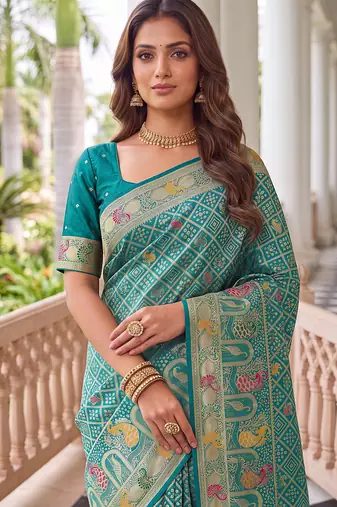 Sea green banarasi style paithani pure nylon satin  saree with heavy gold zari border