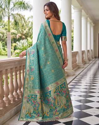 Sea green banarasi style paithani pure nylon satin  saree with heavy gold zari border 5