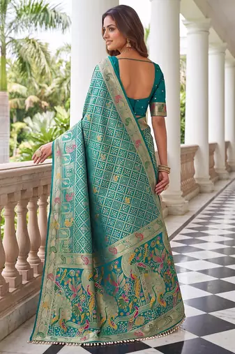 Sea green banarasi style paithani pure nylon satin  saree with heavy gold zari border