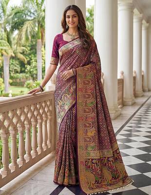 Wine banarasi style paithani pure nylon satin  saree with heavy gold zari border 1
