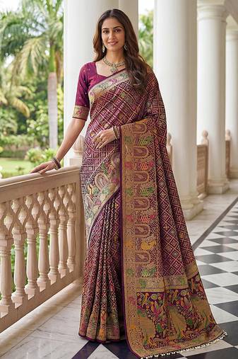 Wine banarasi style paithani pure nylon satin  saree with heavy gold zari border