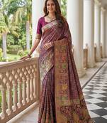 Wine banarasi style paithani pure nylon satin  saree with heavy gold zari border