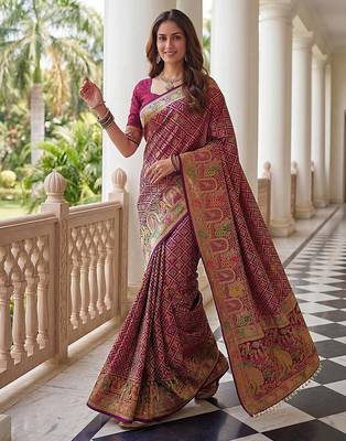 Wine banarasi style paithani pure nylon satin  saree with heavy gold zari border 2