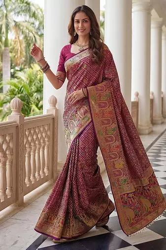 Wine banarasi style paithani pure nylon satin  saree with heavy gold zari border