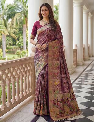 Wine banarasi style paithani pure nylon satin  saree with heavy gold zari border 3