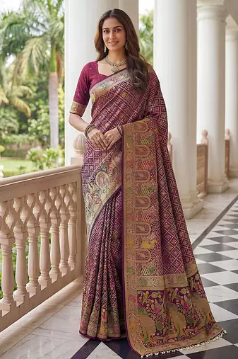 Wine banarasi style paithani pure nylon satin  saree with heavy gold zari border