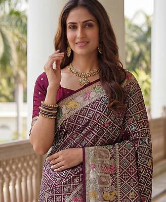 Wine banarasi style paithani pure nylon satin  saree with heavy gold zari border 4