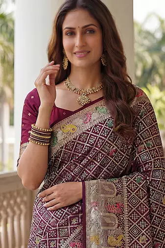 Wine banarasi style paithani pure nylon satin  saree with heavy gold zari border