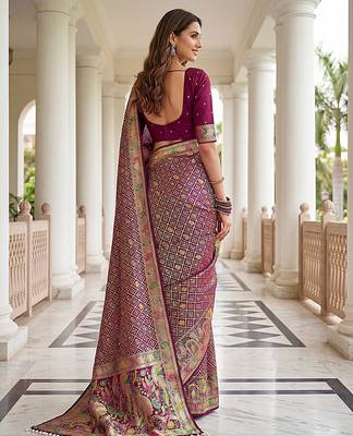Wine banarasi style paithani pure nylon satin  saree with heavy gold zari border 5