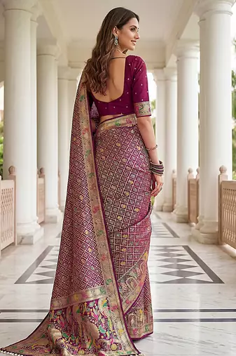 Wine banarasi style paithani pure nylon satin  saree with heavy gold zari border