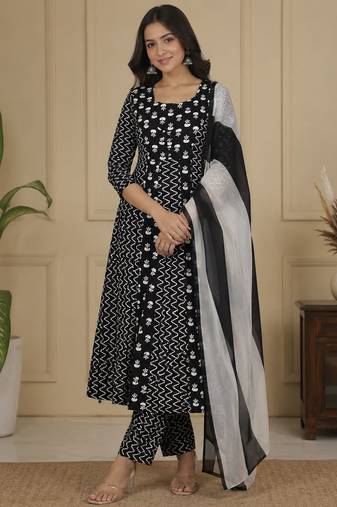 Black Jaipuri Printed Black Anarkali Gown with Dupatta Set Salwar Kameez