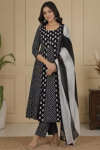 Black Jaipuri Printed Black Anarkali Gown with Dupatta Set Salwar Kameez