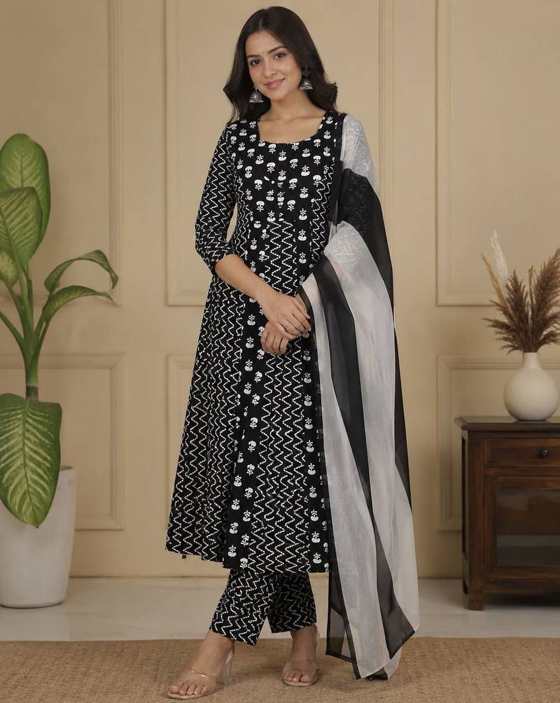 Black Jaipuri Printed Black Anarkali Gown with Dupatta Set Salwar Kameez