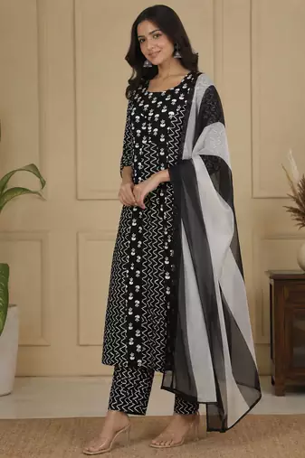 Black Jaipuri Printed Black Anarkali Gown with Dupatta Set Salwar Kameez