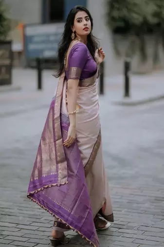 cream woven design silk blend kanjeevaram saree