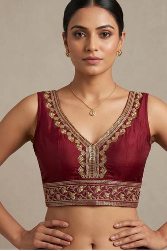 Maroon roman silk with coading sequence & beads work readymade blouse