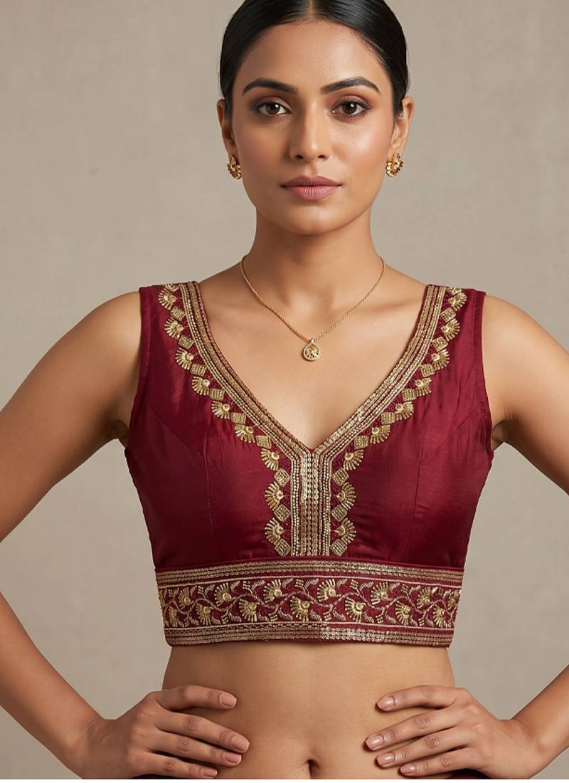 Maroon roman silk with coading sequence & beads work readymade blouse
