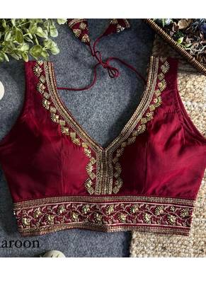 Maroon roman silk with coading sequence & beads work readymade blouse 3