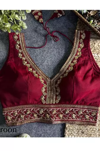 Maroon roman silk with coading sequence & beads work readymade blouse