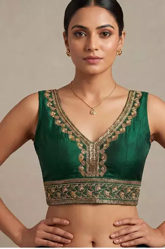 Green roman silk with coading sequence & beads work readymade blouse