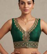 Green roman silk with coading sequence & beads work readymade blouse