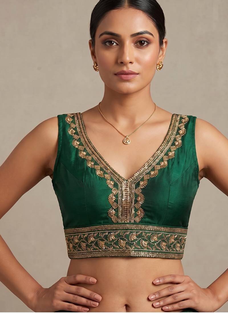 Green roman silk with coading sequence & beads work readymade blouse