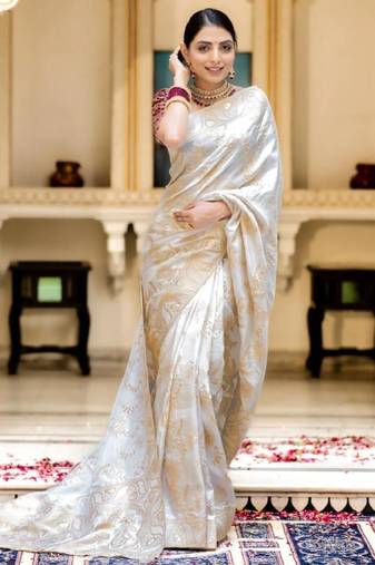 off white silk blend kanjeevaramsaree with ethnic motifs zari design