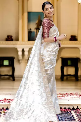 off white silk blend kanjeevaramsaree with ethnic motifs zari design