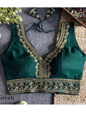 Green roman silk with coading sequence & beads work readymade blouse 3