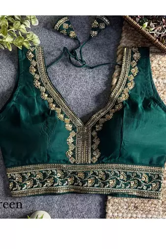 Green roman silk with coading sequence & beads work readymade blouse